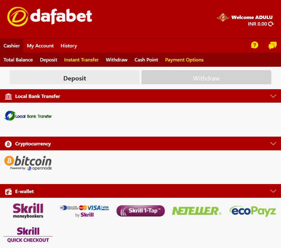 Dafabet deposit methods