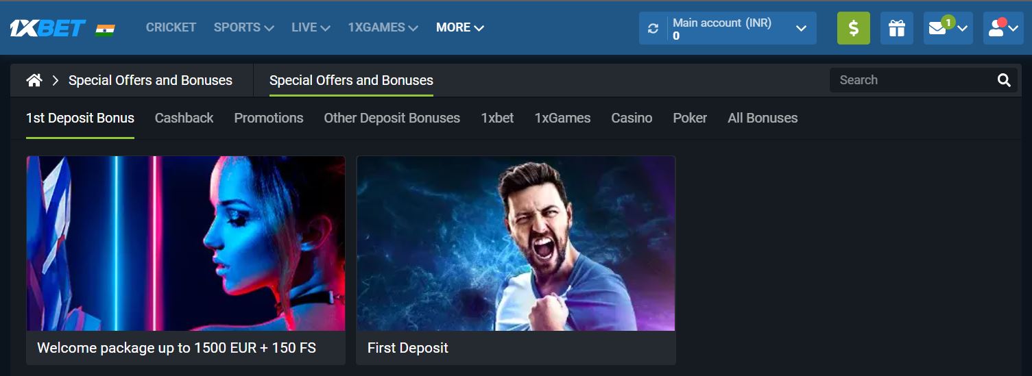 1XBET Bonus and promotions section