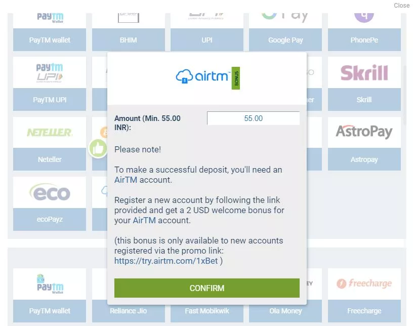 1XBET minimum deposit India - Airtm method